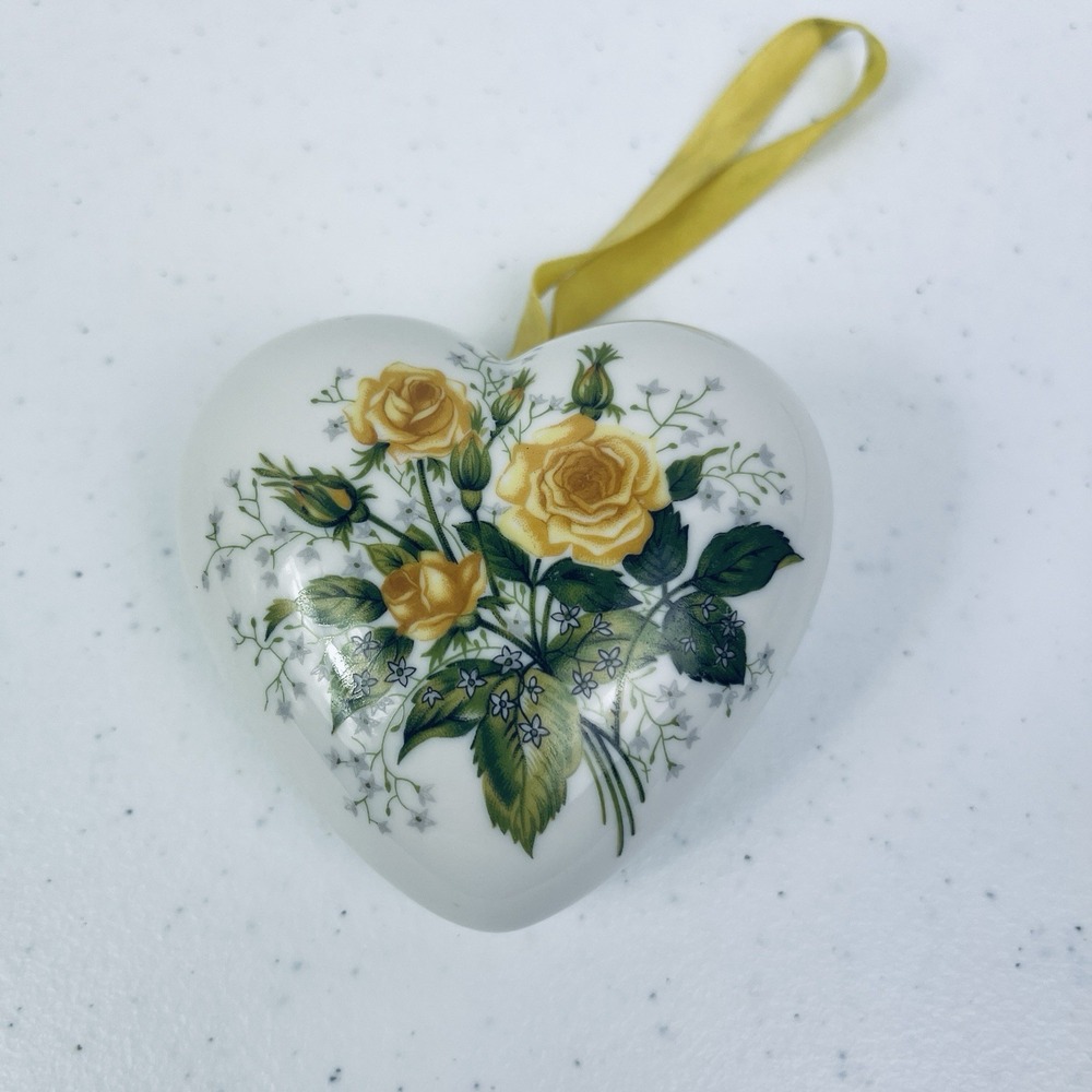 Vintage Japan Porcelain Heart Potpourri Ornament Yellow Roses Hanging Valentines